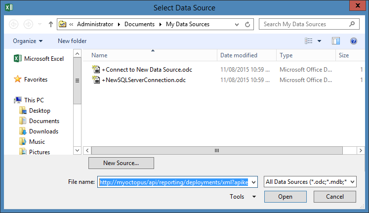 The Select Data Source dialog with the Octopus reporting URL entered
