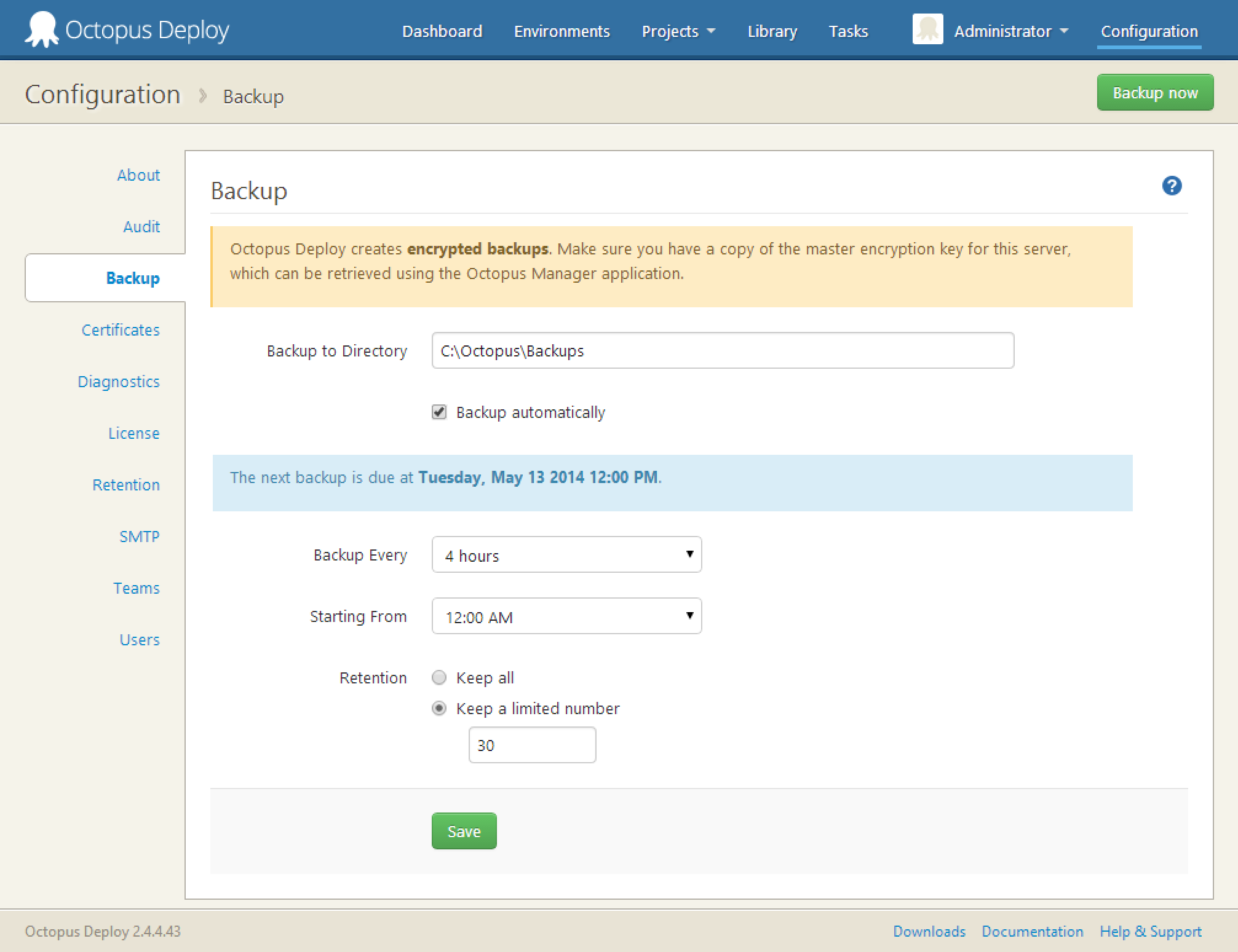 The Backup tab in the Configuration area of the Octopus Web Portal