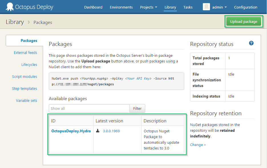 Uploading the OctopusDeploy.Hydra package to the built-in repository