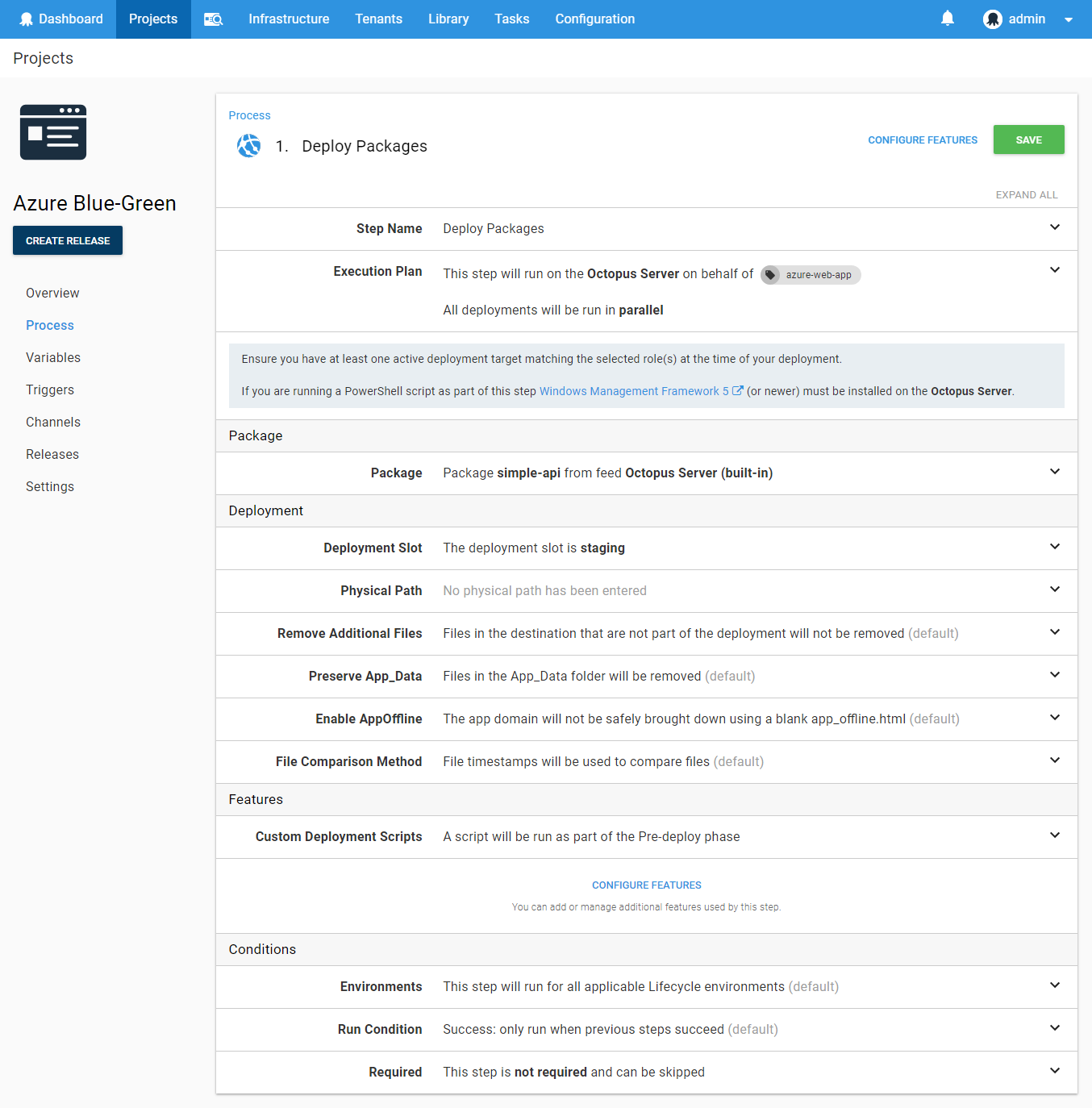 The Azure Web App selector with a deployment slot chosen