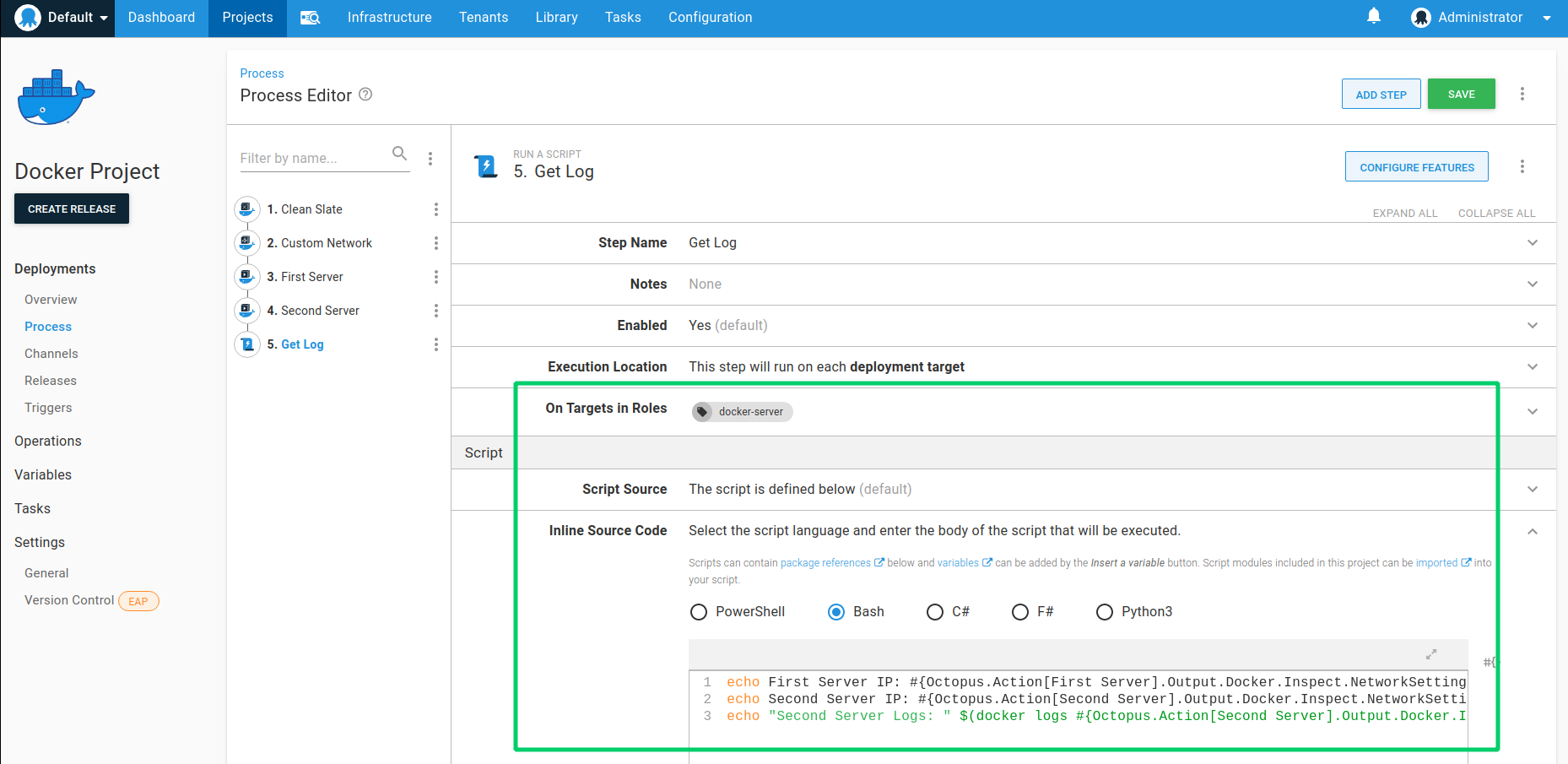 The step that writes container IP addresses to the log