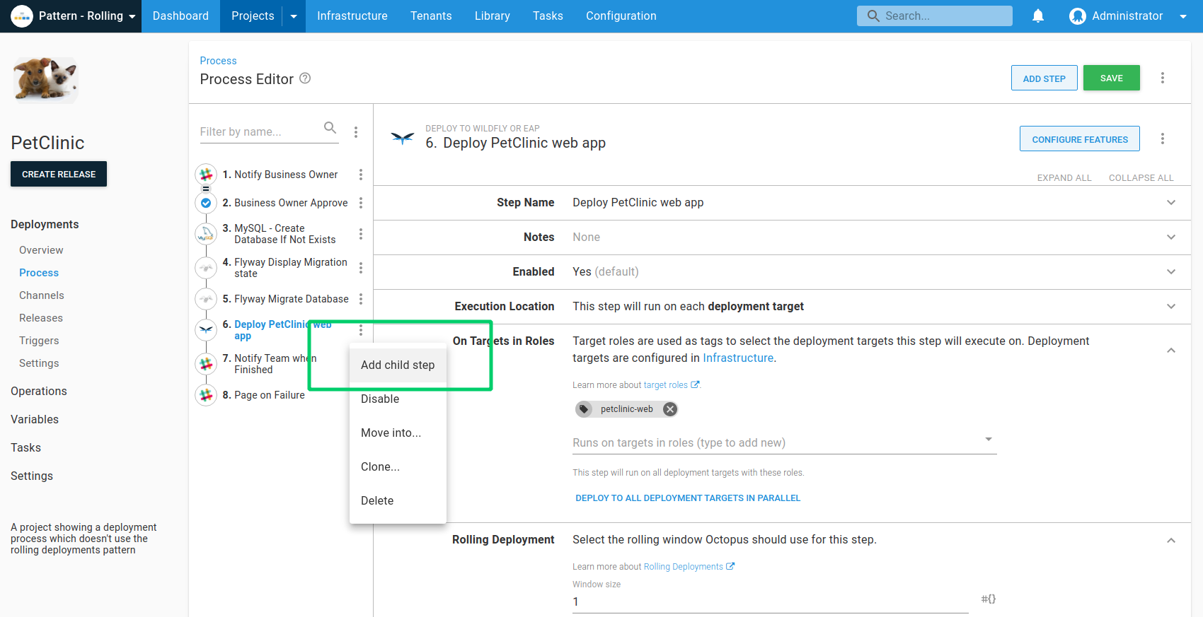 The Add Child Step option on an existing step