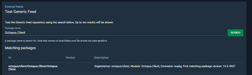Testing an Artifactory generic feed by searching for a package