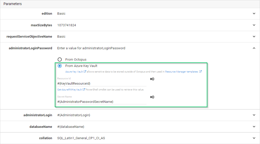 A secure string parameter on the ARM template step