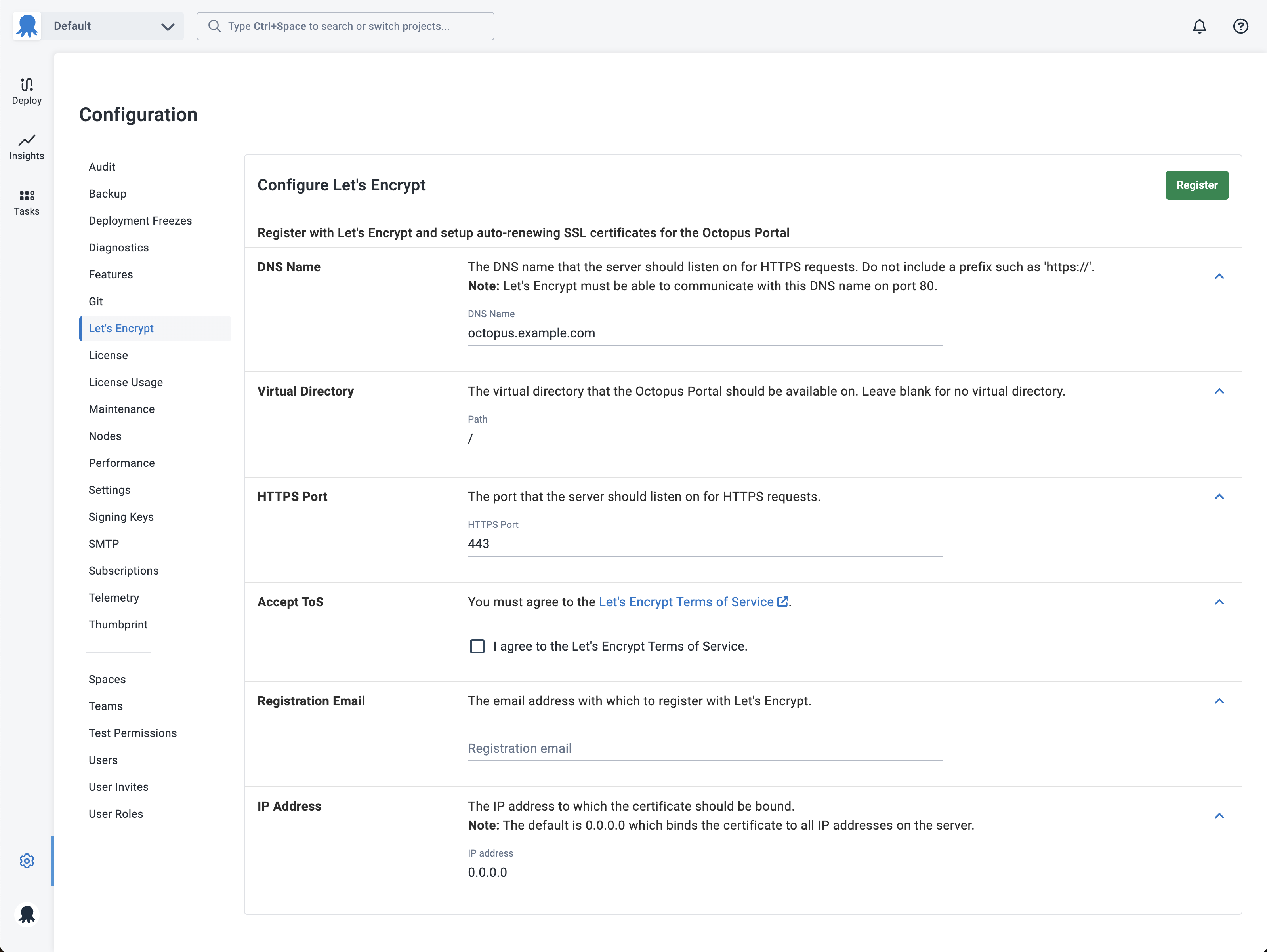 The Let’s Encrypt configuration dialog