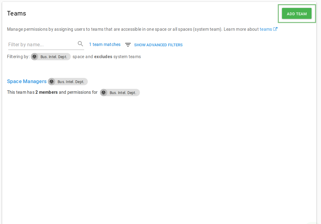 The Add team button on the Teams tab
