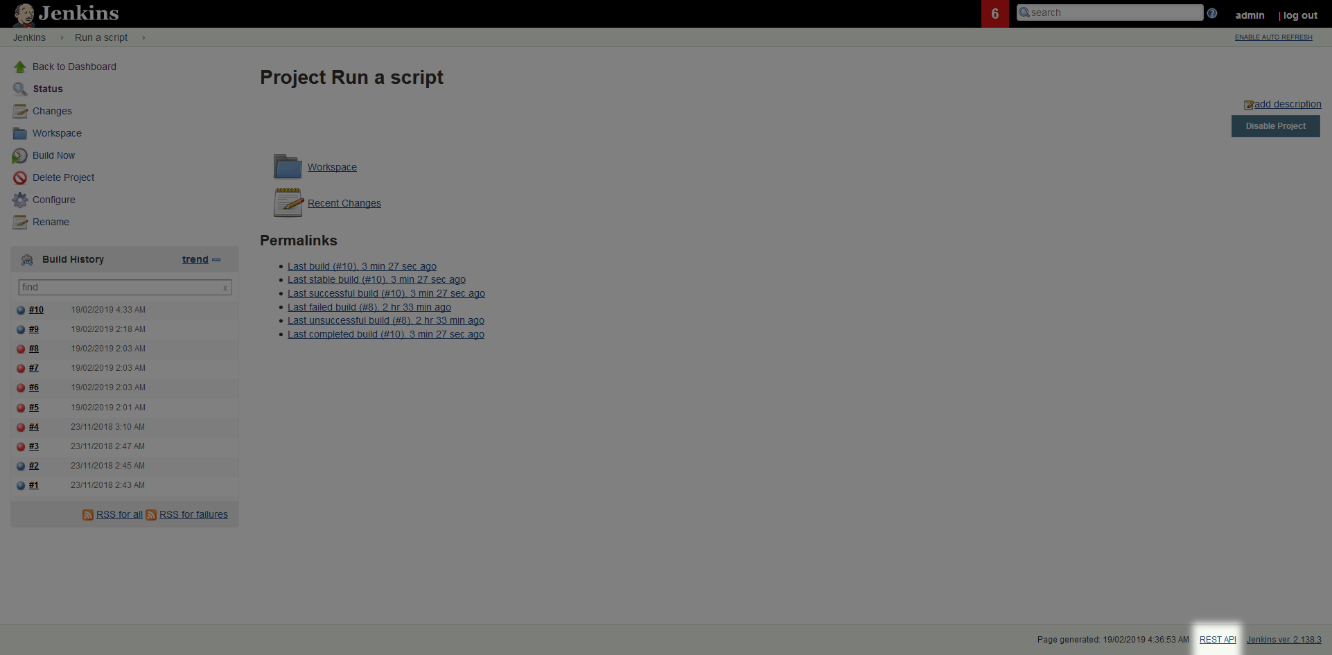 The REST API link in the corner of a Jenkins screen
