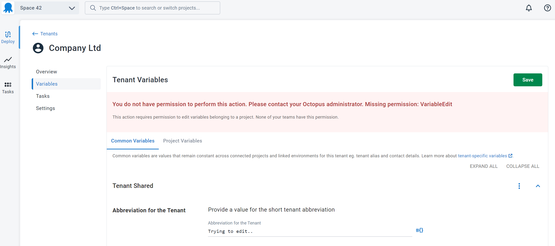 The error shown when you lack permission to edit common variables