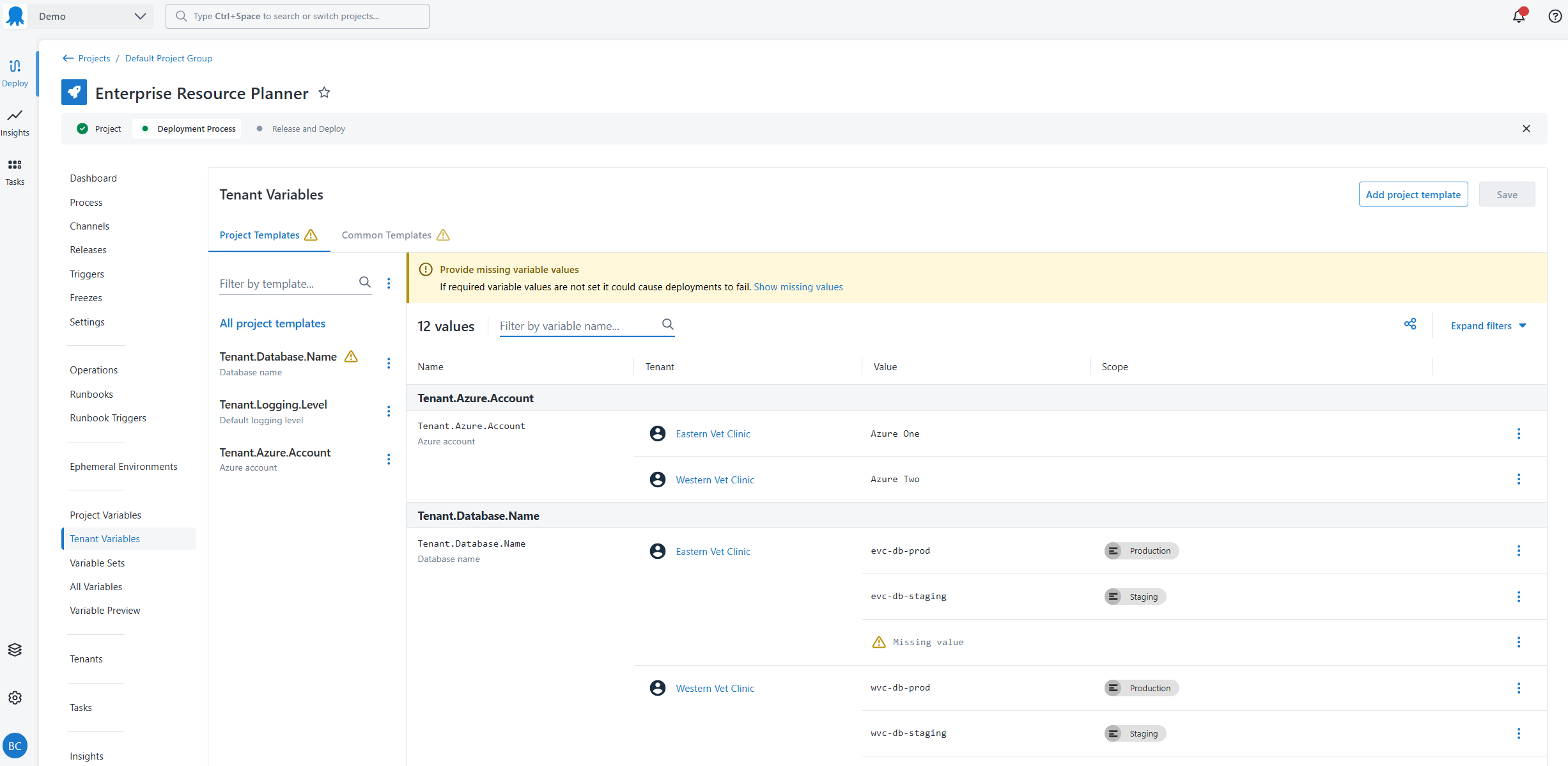 The project templates screen showing tenant variable values per environment